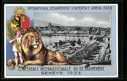 AK Genéve, Conference internationale du desarmement, 1932, Wappen m. Löwe u. Kind