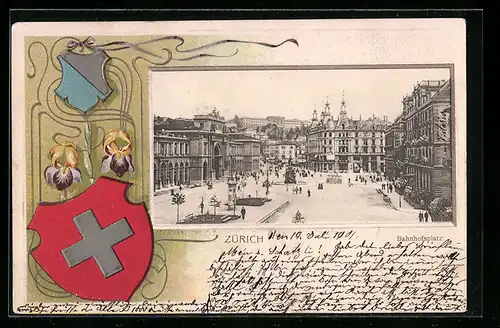 Präge-AK Zürich, Bahnhofsplatz mit Wappen