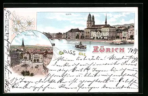 Lithographie Zürich, Ortsansicht, Paradeplatz und Edelweiss