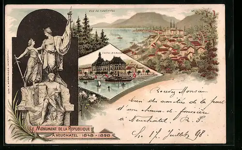 Lithographie Neuchatel, Ortsansicht mit Hotel des Postes, Le Monument de la Republique