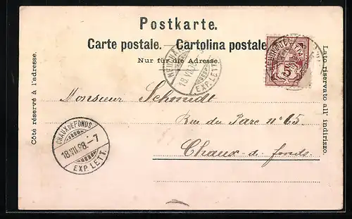 Lithographie Neuchatel, Ortsansicht mit Hotel des Postes, Le Monument de la Republique