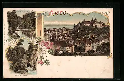 Lithographie Neuchâtel, Ortsansicht, Gorges de l`areuse