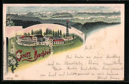 Lithographie Bachtel, Gasthaus auf dem Gipfel, Alpen-Panorama