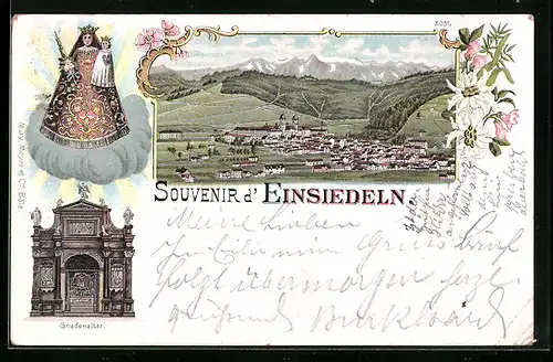 Lithographie Einsiedeln, Ortsansicht mit Gnadenaltar