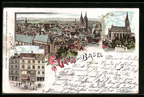 Lithographie Basel, Geschäft von Julius Brann, Gesamtansicht, St. Elisabethenkirche