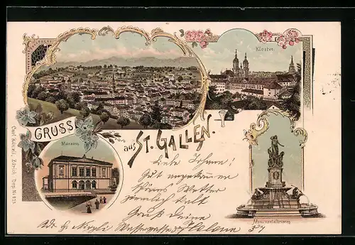 Lithographie St. Gallen, Museum, Kloster, Totalansicht