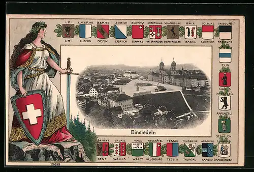 Präge-AK Einsiedeln, Totalansicht, Helvetia mit Schwert und Schild, Wappen