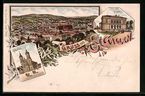 Lithographie St. Gallen, Museum, Kathedrale, Stadtansicht aus der Vogelschau