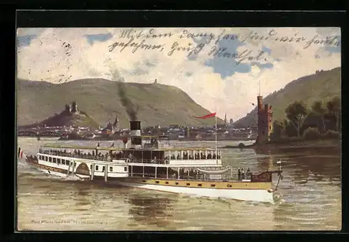 Künstler-AK Bingen, Rheindampfer passiert den Ort