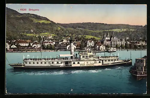 AK Bregenz, Panorama mit Dampfer Stadt Bregenz