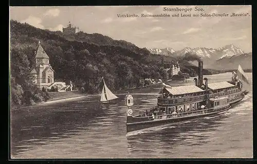 AK Starnberger See, Salondampfer Bavaria vor Votivkirche, Rottmannshöhe und Leoni