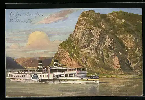 Künstler-AK Rhein-Dampfer der Köln-Düsseldorfer Rheindampfschiffahrt passiert den Loreley-Felsen
