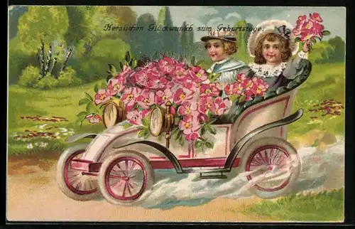 Lithographie Auto, Geburtstagsgruss mit Junge und Mädchen mit Blumen im Fahrzeug