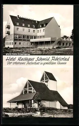 AK Adelsried, Hotel Rasthaus Schmid, Ausfahrt bei der Autobahn-Kapelle