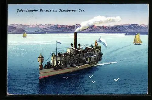 AK Starnbergersee, Panorama mit dem Salondampfer Bavaria