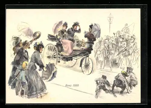 AK Stuttgart, Passanten grüssen zum Auto Benz 1888
