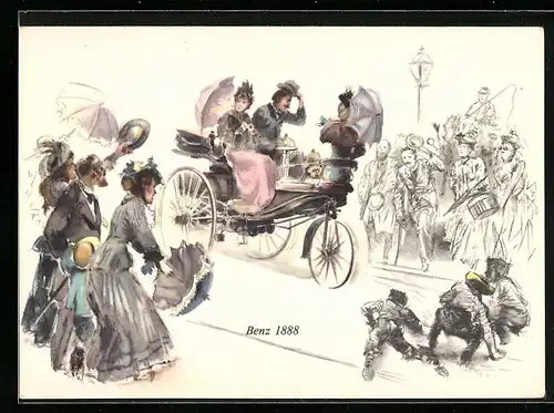 AK Stuttgart, Passanten grüssen zum Auto Benz 1888
