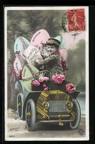 AK Bub mit Ostereiern im güldenen Auto