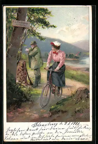 AK Frau auf einem Fahrrad begegnet Jäger