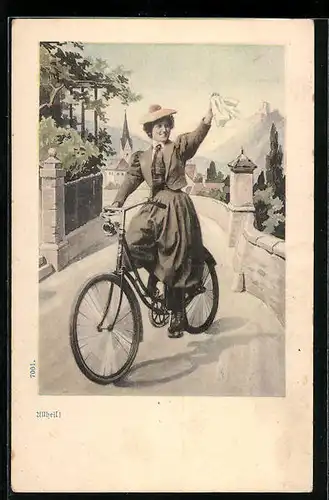 AK Dame auf Fahrrad winkt mit ihrem Taschentuch