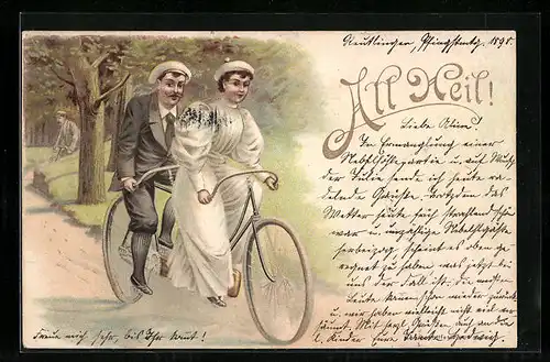 Lithographie All Heil!, Paar macht eine Tour mit dem Tandem