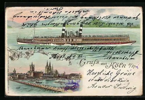 Lithographie Köln, Dampfer Wilhelm, Pontonbrücke und Dom