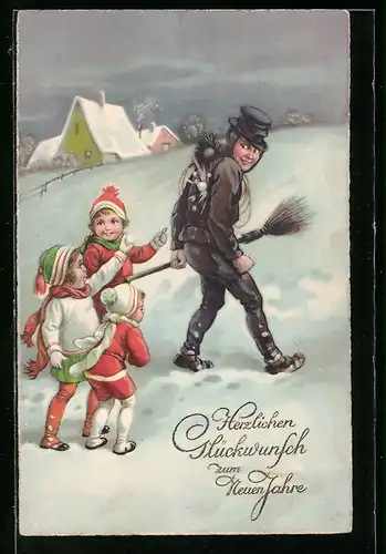 AK Schornsteinfeger und Kinder im Schnee zu Neujahr