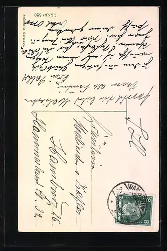 AK Schornsteinfeger mit Vergissmeinnicht besetzter Leiter, Hufeisen und Kleeblatt, Neujahresglückwünsche