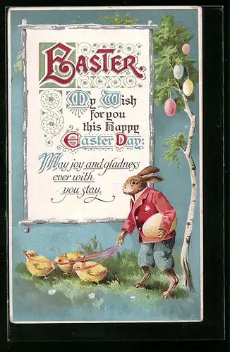 AK Osterhase mit Osterküken an der Leine