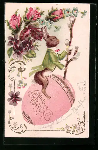 AK Osterhase reitet auf einem Osterei