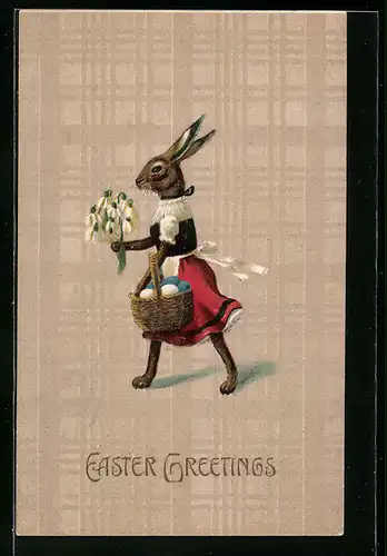 AK Osterhase mit Körbchen voller Ostereiern