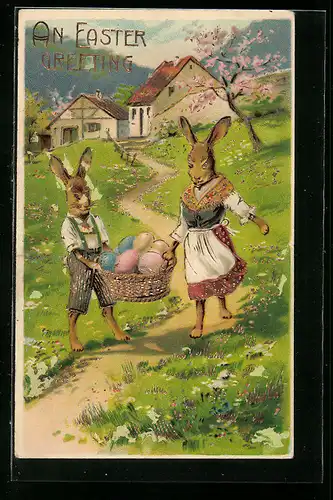 AK Osterhasen tragen einen Korb voller Ostereiern
