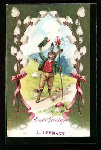 Präge-AK Osterhase winkt bei seiner Wanderung vergnügt mit dem Hut, Fröhliche Ostern