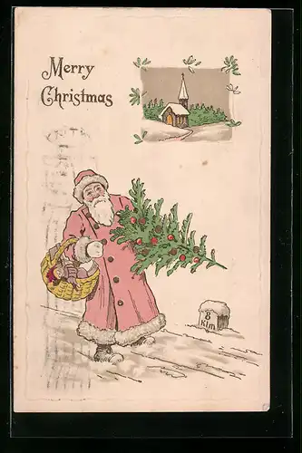 AK Weihnachtsmann mit Tannenbaum im Schnee