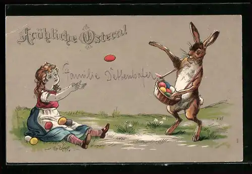 AK Osterhase beschenkt Mädchen mit Ostereiern