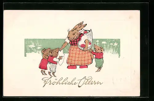 AK Osterhase mit kleinen Mäusen