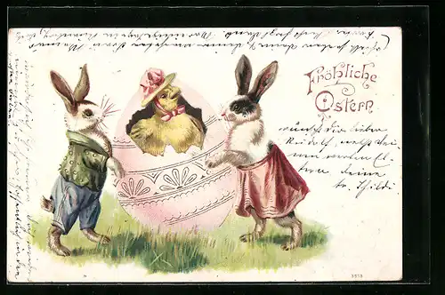 AK Osterhasen mit schlüpfendem Küken