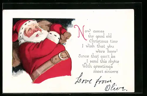 AK Weihnachtsmann mit Geschenkesack, Weihnachtsgruss