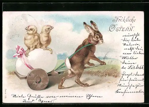 AK Osterhase zieht Osterküken auf Karren