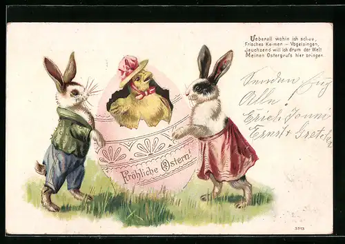 AK Osterhase mit schlüpfendem Küken