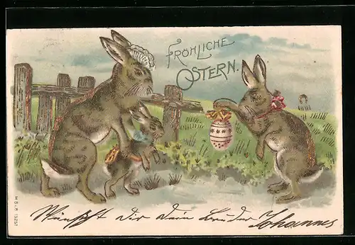 AK Osterhasenfamilie im Grünen mit Osterei