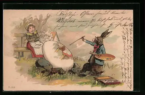 Künstler-AK Osterhase bemalt ein Osterei