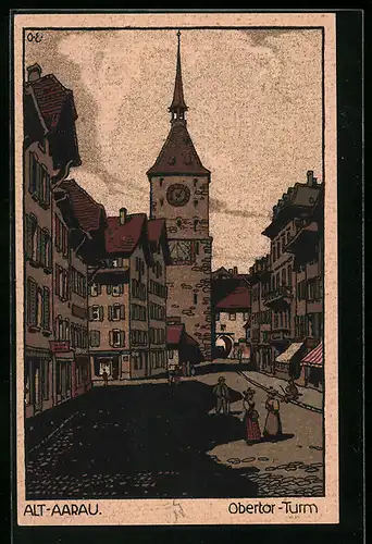 Steindruck-AK Aarau, Obertor-Turm in der Altstadt