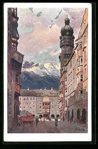 Künstler-AK Innsbruck, Herzog Friedrichstrasse mit Stadtturm und goldenem Dachl