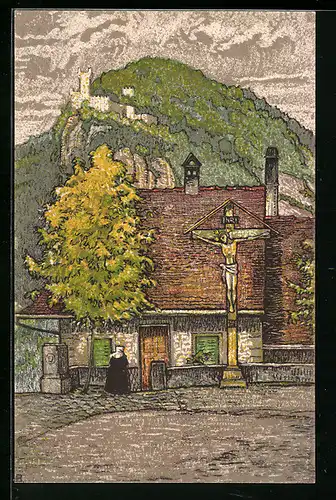 Lithographie Wettingen, Kirchplatz mit Schartenfels und Kreuz