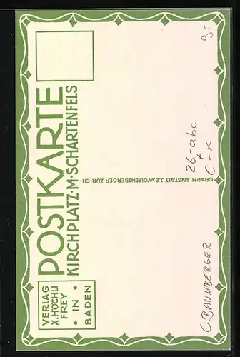 Lithographie Wettingen, Kirchplatz mit Schartenfels und Kreuz