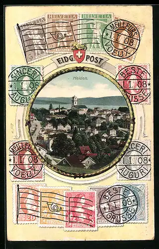 AK Heiden, Ortsansicht aus der Vogelschau, Briefmarken