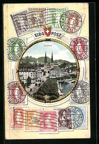 AK Luzern, Teilansicht mit Kai und Kirche, Briefmarken
