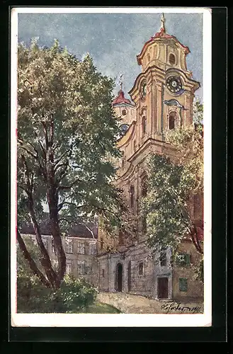 Künstler-AK E.F. Hofecker: Mondsee, Ansicht der Stiftskirche