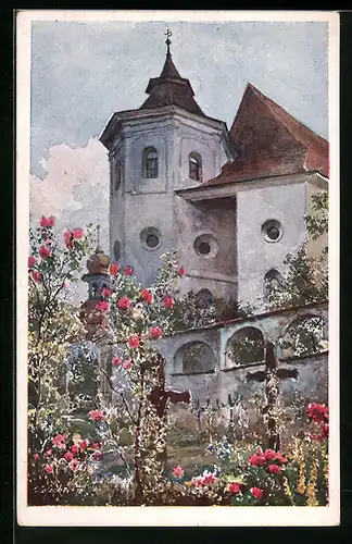 Künstler-AK E.F. Hofecker: Traunkirchen, Rosenbüsche am Kloster